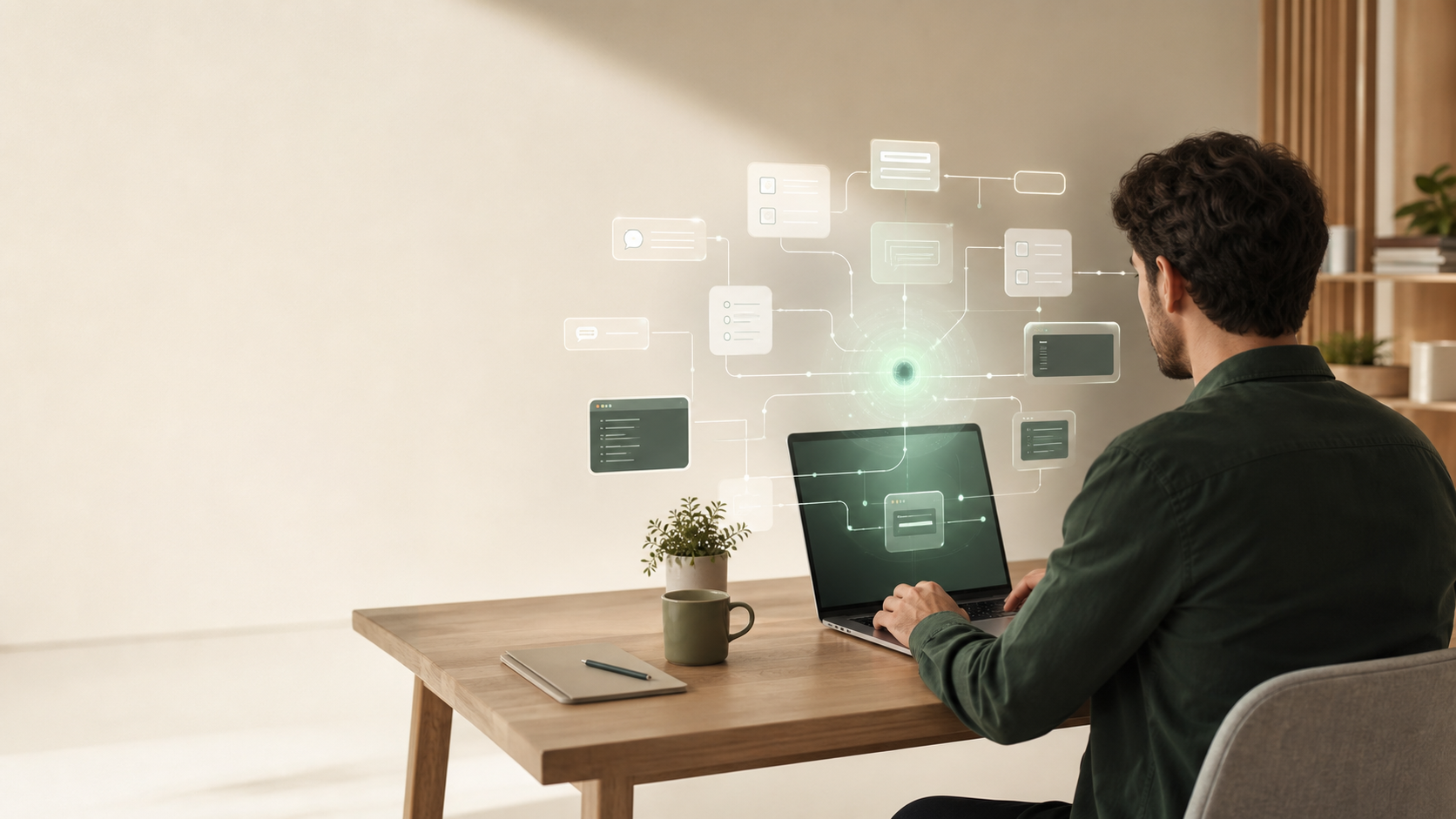 Illustration éditoriale d'un entrepreneur utilisant Hermes Agent comme couche d'orchestration IA